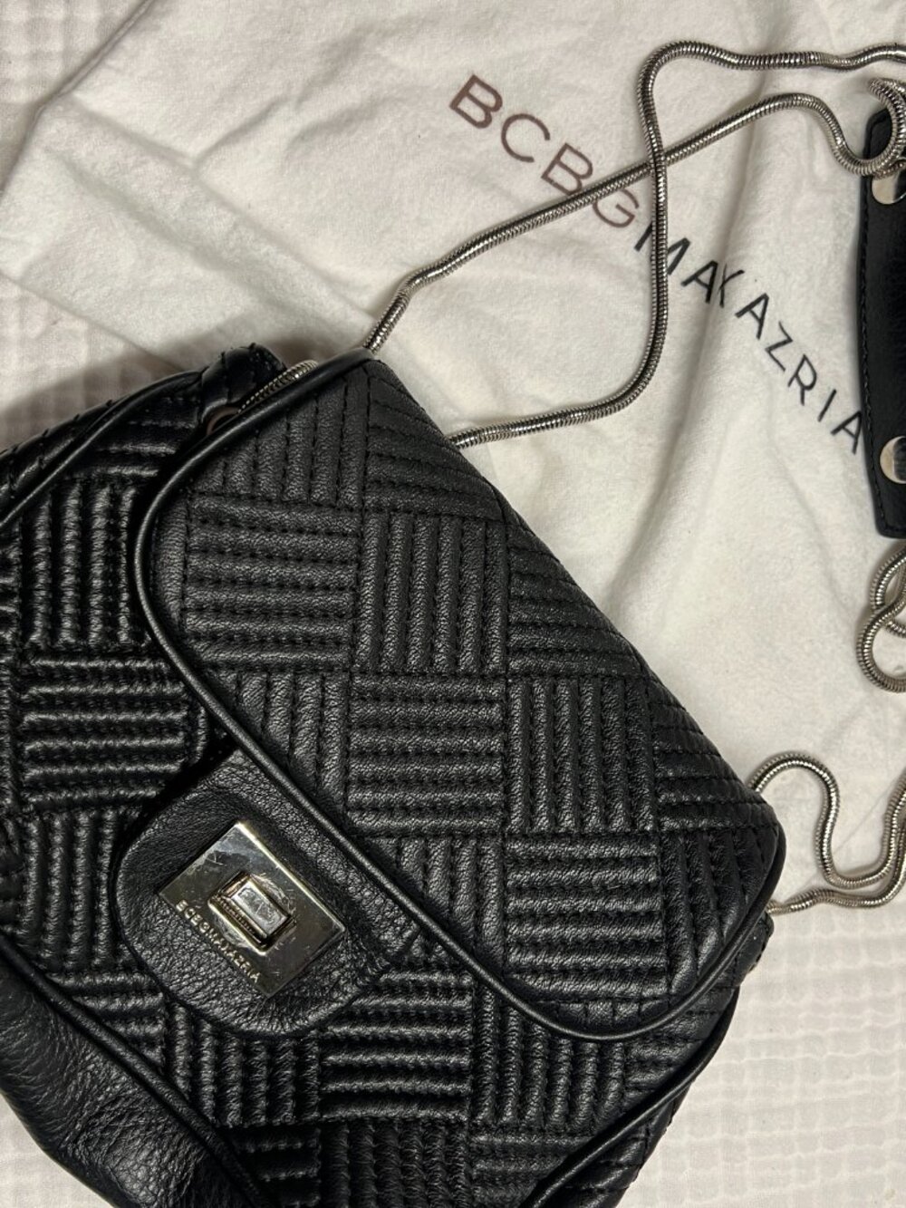 BCBG Black Quilted Fancy Leather Handbag Silver Chain with Dust Bag